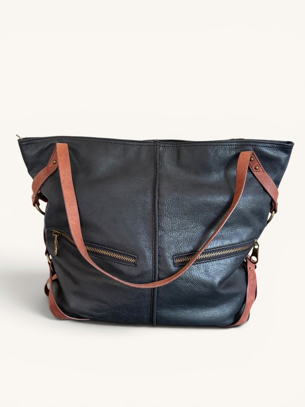 Lucky Brand Black Leather Tote with Brown Straps - Picture 3 of 16
